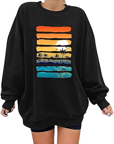 Toupko grafičke dukseve za žene zalazak sunca plaža palma tiskanje puloverske majice pulover labava fit dugih rukava jesen vrh
