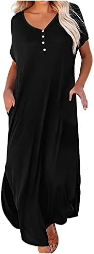 LMDUDAN LJETNE MAXI haljine za žene modna haljina u obliku solidne boje labava kratka rukava V gumb plaža duge haljine