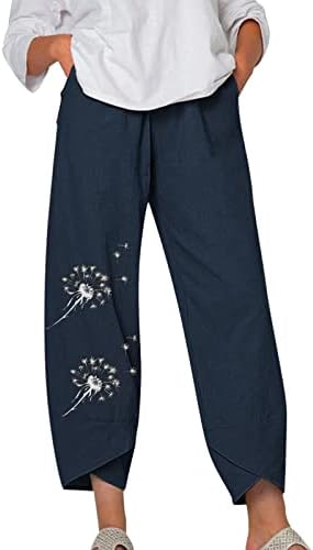 Povremene Capri hlače za žene trendovske pamučne posteljine obrezane hlače Čvrsta boja plus veličina plus veličina Capri hlača s džepovima