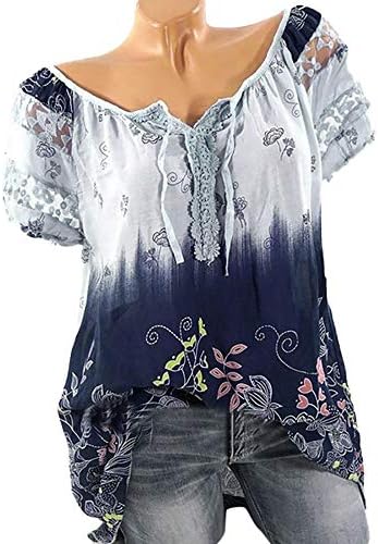 Žene 2023 Ljetne povremene majice čipka SPICING V vrat kratki rukavi vrhovi labava udobna bluza elegantna cvjetna tiskana majica