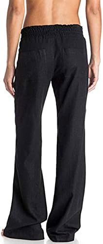 Ženske ležerne lanene hlače ljetne noge dugih hlača Elastični struk meke udobne hlače s džepovima