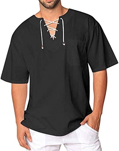 Muške košulje od pamučnih posteljina čipka up - majice s kratkim rukavima Hippie v Neck Yoga vrhovi obični vučni vrhovi ljetni vrhovi