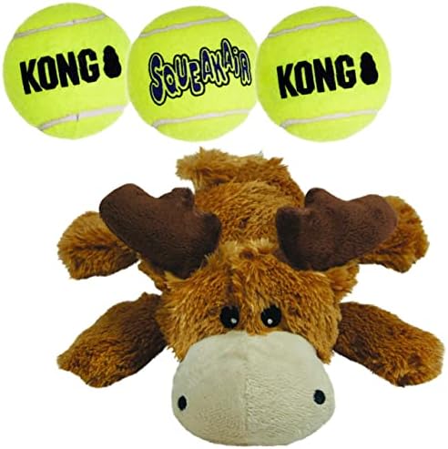 Kong Cozie Marvin Moose i 3 kuglice Squeakair - zabavne, interaktivne igračke za pse - kuglice za dohvat i meku, čvrstu igračku za