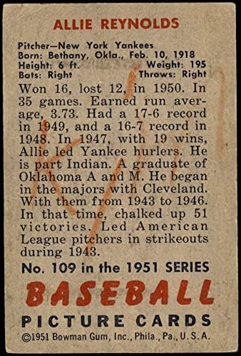 1951. Bowman Redovna bejzbol karta109 Allie Reynolds iz New York Yankees ocjene Good