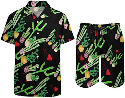 Baikutouan cacti cactus ljubav muški 2 komad havajske košulje odijela casual labav gumb dolje i plaža kratke hlače odmor za odmor