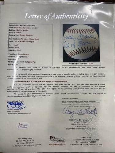 Mickey Mantle Hall of Fame 1974 Hof je potpisao bejzbol JSA LOA - Autografirani bejzbol