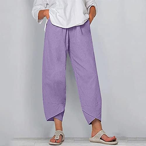 Beuu ženske ležerne labave pamučne posteljine obrezane hlače čvrste boje široka noga elastični struk udoban salon palazzo hlače