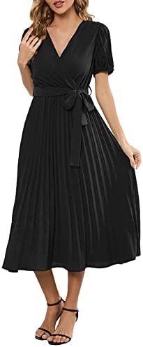 Kulywon Women Ljetne haljine 2023 casual omot v Neck ruched maxi haljina s kratkim rukavima Visoki struk A Line Swing haljina