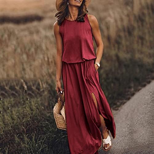 Ženske haljine bez rukava bez rukava Flowy Split Maxi haljina s džepovima 2023 Ljetni elastični struk labav plus size Sundress
