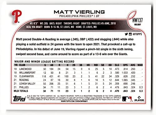 2022 Topps Holiday HW137 Matt Vierling NM-MT RC Rookie Phillies