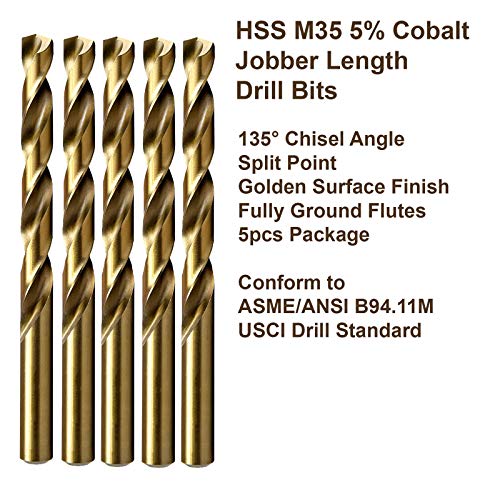 Maxtool No.4 5pcs identične bušilice dužine posla dia 0,209 HSS M35 Cobalt Twist Bunll Bits Wire mjerač brojine Zlatne ravne bušilice;