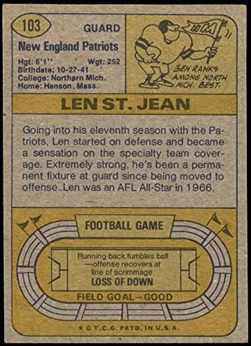 1974. Topps 103 One Len St. Jean New England Patriots Ex Patriots Northern Michigan