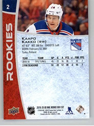 2019-20 Gornja paluba NHL Rookie Box Set 2 Kaapo Kakko New York Rangers Službeni ud hokejska kartica