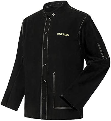 Onetian crni kožni kaput od teške kože, jakna za zavarivanje s poboljšanim gumbima za muškarce i žene; Toplina i plamen otporni