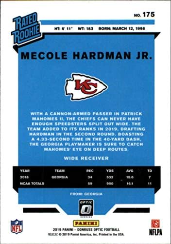 2019. Donruss Optički nogomet 175 Mecole Hardman Jr. RC ocijenjena rookie sp Kansas City Chiefs Službeni NFL Panini Trading Card